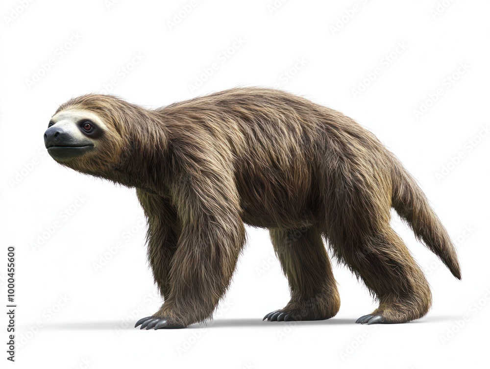 Naklejka premium A prehistoric wild animal like a giant sloth, isolated on a plain white background, detailed fur and size