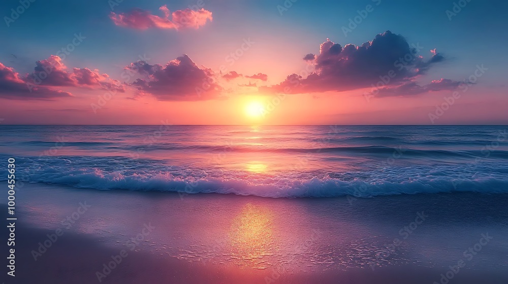 Fototapeta premium Pink and blue sunset over ocean waves. Beautiful seascape.