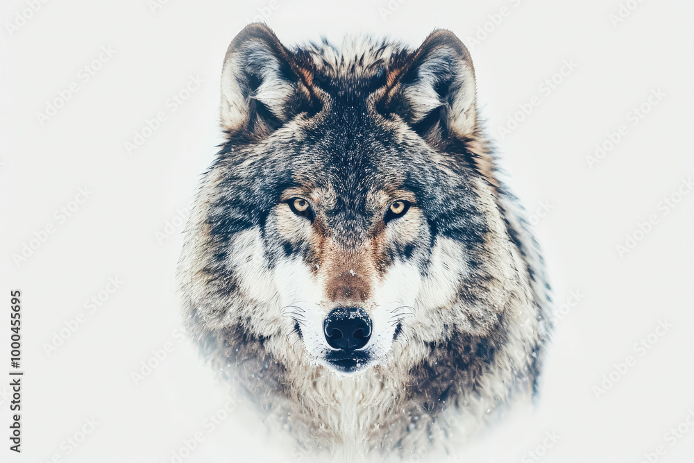 Wolf with a fierce look on its face. The wolf is staring directly at the camera. The image has a mood of intensity and power Wolf with a fierce look on its face. The wolf is staring directly at the camera. The image has a mood of intensity and power