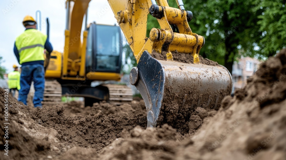 Fototapeta premium Earth mover: excavator at work, strength and engineering of construction equipment it carves out terrain, pivotal in site preparation and infrastructure development