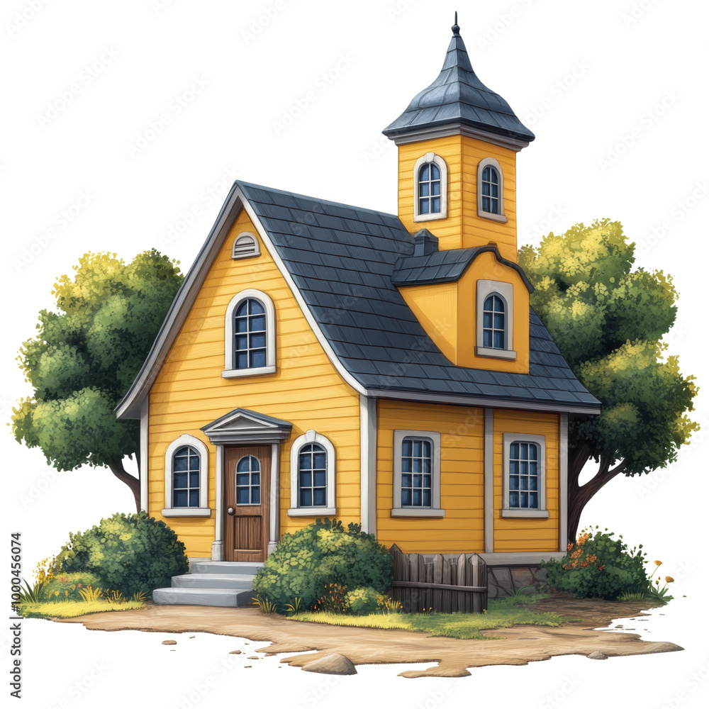 Yellow house with a tower, surrounded by greenery. transparent background Yellow house with a tower, surrounded by greenery. transparent background