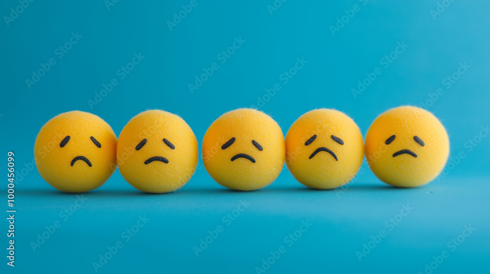 emotional, mood, sadness concept: yellow balls with various sad expressions: one with tears streaming down, another with a downturned face, a third with watery eyes but a faint smile emotional, mood, sadness concept: yellow balls with various sad expressions: one with tears streaming down, another with a downturned face, a third with watery eyes but a faint smile