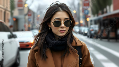 Stylish woman walking in winter street, portrait photography, realistic face, natural photography photo