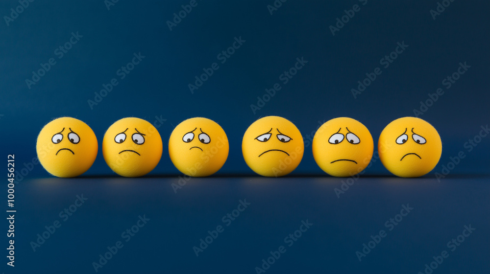 emotional, mood, sadness concept: yellow balls with various sad expressions: one with tears streaming down, another with a downturned face, a third with watery eyes but a faint smile emotional, mood, sadness concept: yellow balls with various sad expressions: one with tears streaming down, another with a downturned face, a third with watery eyes but a faint smile