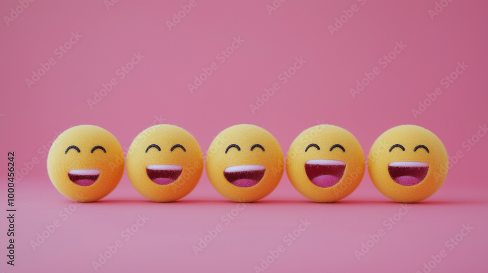 emotional, mood, positive emotions concept: yellow balls with various cheerful expressions: one with a big smile, another with eyes closed in laughter, a third with a wide open mouth laughing emotional, mood, positive emotions concept: yellow balls with various cheerful expressions: one with a big smile, another with eyes closed in laughter, a third with a wide open mouth laughing