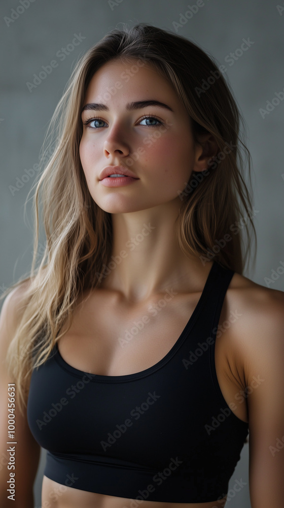 Fototapeta premium woman looking at camera gym wearing black fitness clothing blonde hair fit clothing brand marketing social media post branding background gray wall backdrop vertical