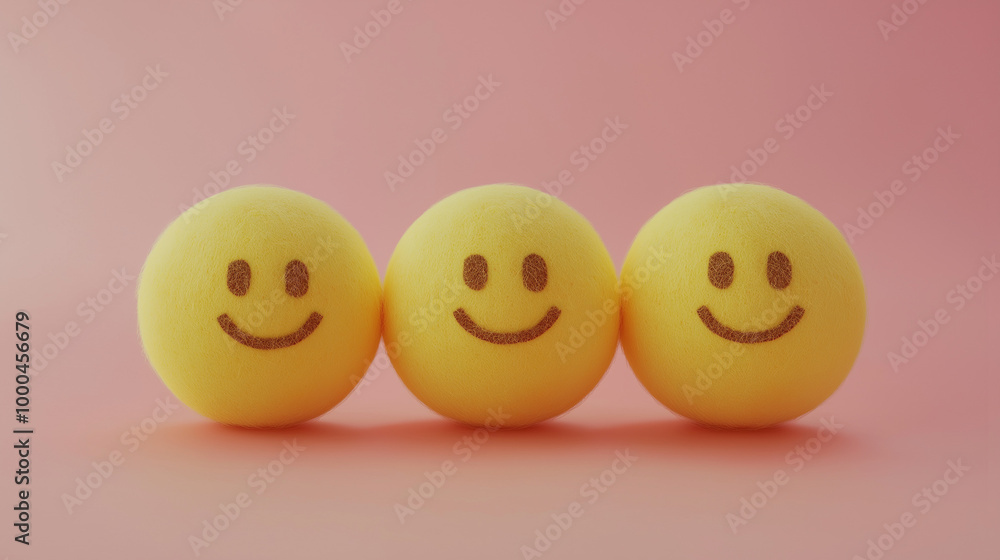 emotional, mood, naches concept: three yellow balls with gentle, proud smiles and soft, content eyes arranged in a close, supportive pattern against an isolated soft pink background emotional, mood, naches concept: three yellow balls with gentle, proud smiles and soft, content eyes arranged in a close, supportive pattern against an isolated soft pink background