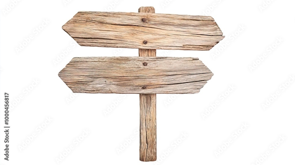 Rustic wooden signpost with two arrows isolated on white