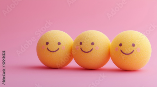 emotional, mood, naches concept: three yellow balls with gentle, proud smiles and soft, content eyes arranged in a close, supportive pattern against an isolated soft pink background photo