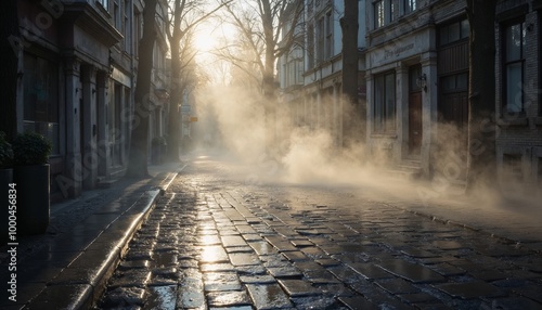 Misty street in tranquil atmosphere with warm sunlight shining on cobblestone pavement