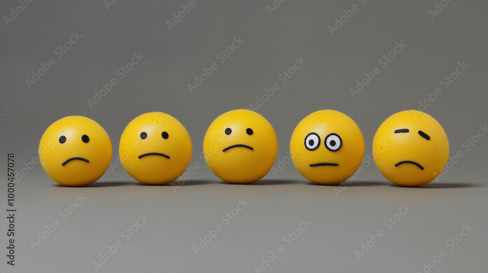 emotional, mood, melancholy concept: yellow balls with various melancholic expressions: one with vacant eyes, another looking down, a third with a pensive expression emotional, mood, melancholy concept: yellow balls with various melancholic expressions: one with vacant eyes, another looking down, a third with a pensive expression