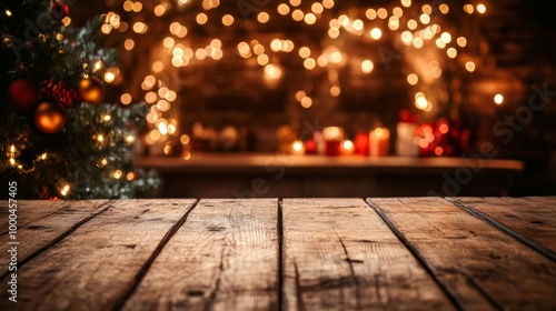 Cozy interior decorated with warm Christmas lights and festive ornaments on a wooden table during the holiday season