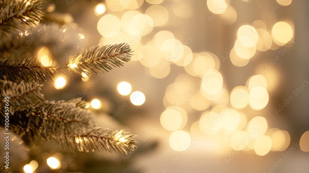 Soft bokeh of Christmas tree lights illuminating a cozy indoor setting in warm white and beige tones during the holiday season