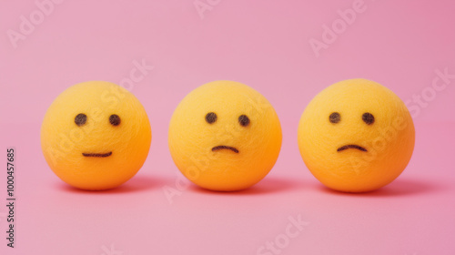 emotional, mood, embarrassment concept: three yellow balls with flushed cheeks and shy, awkward expressions arranged in a hesitant, slightly distanced pattern against an isolated soft pink background