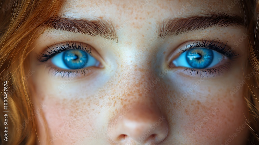 Fototapeta premium Close up of woman's blue eyes with freckles and soft lighting. Beauty, innocence, and human connection