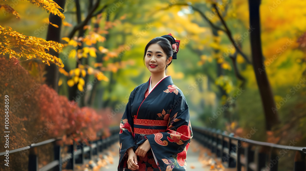 Asian woman wearing japanese traditional kimono walking in autumn park. Autum falls season Asian woman wearing japanese traditional kimono walking in autumn park. Autum falls season