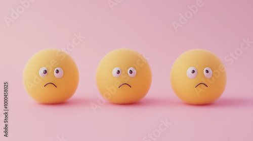 emotional, mood, crying out of sadness concept: three yellow balls with teary eyes and deeply frowning faces arranged in a distant, disconnected pattern against an isolated soft pink background