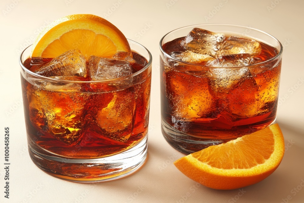 Pair of whiskey glasses garnished with fresh orange slices placed on a white surface with a soft glow capturing the warmth and elegance of a classic evening drink Pair of whiskey glasses garnished with fresh orange slices placed on a white surface with a soft glow capturing the warmth and elegance of a classic evening drink