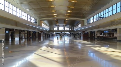 A wide view of the empty concourse with high ceilings.