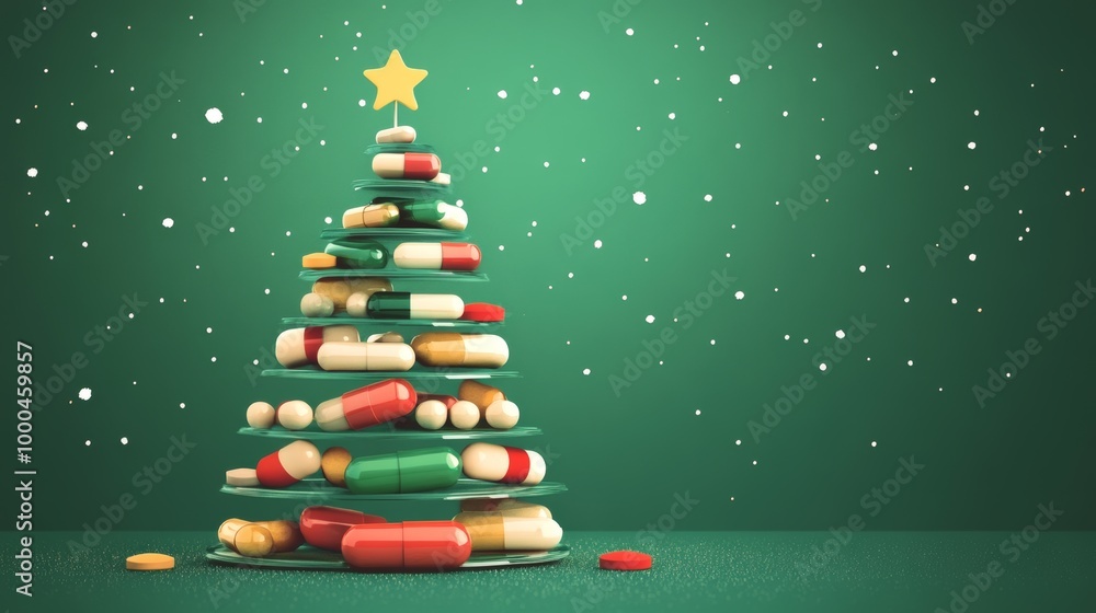 Unique Christmas tree illustration created from medicine bottles and pills set against a vibrant green background during the festive season Unique Christmas tree illustration created from medicine bottles and pills set against a vibrant green background during the festive season