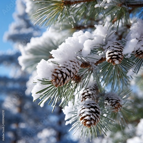 Snow-covered pine tree branches with cones in bright winter sunlight against clear blue sky 