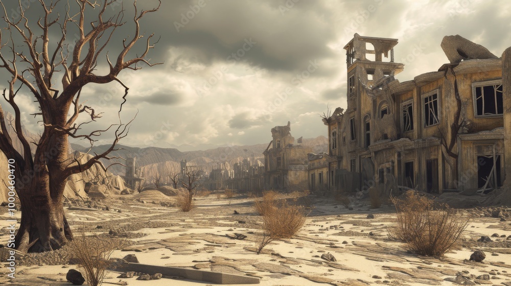 A haunting view of a crumbling town set in a desolate desert. The barren trees and eroded buildings evoke a post-apocalyptic atmosphere under a cloudy sky. A haunting view of a crumbling town set in a desolate desert. The barren trees and eroded buildings evoke a post-apocalyptic atmosphere under a cloudy sky.