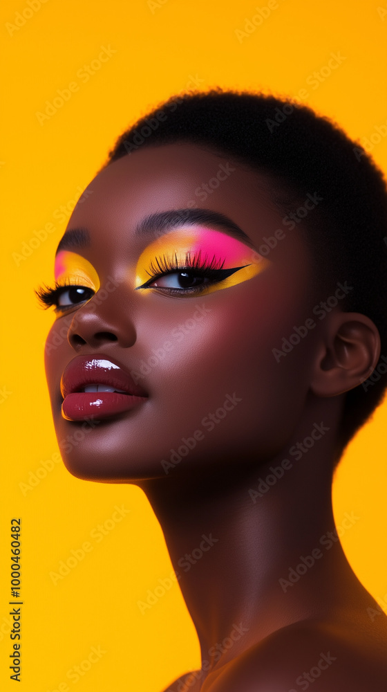 bright eyeshadow young black woman model with short hair wearing makeup red lipstick orange eyeshadow yellow background space for text social media post backdrop studio photography bright eyeshadow young black woman model with short hair wearing makeup red lipstick orange eyeshadow yellow background space for text social media post backdrop studio photography