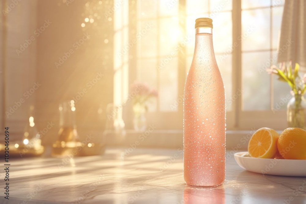 Frosted glass bottle with sparkling pink liquid placed on a marble countertop with sunlight streaming through a nearby window evoking freshness and elegance Frosted glass bottle with sparkling pink liquid placed on a marble countertop with sunlight streaming through a nearby window evoking freshness and elegance