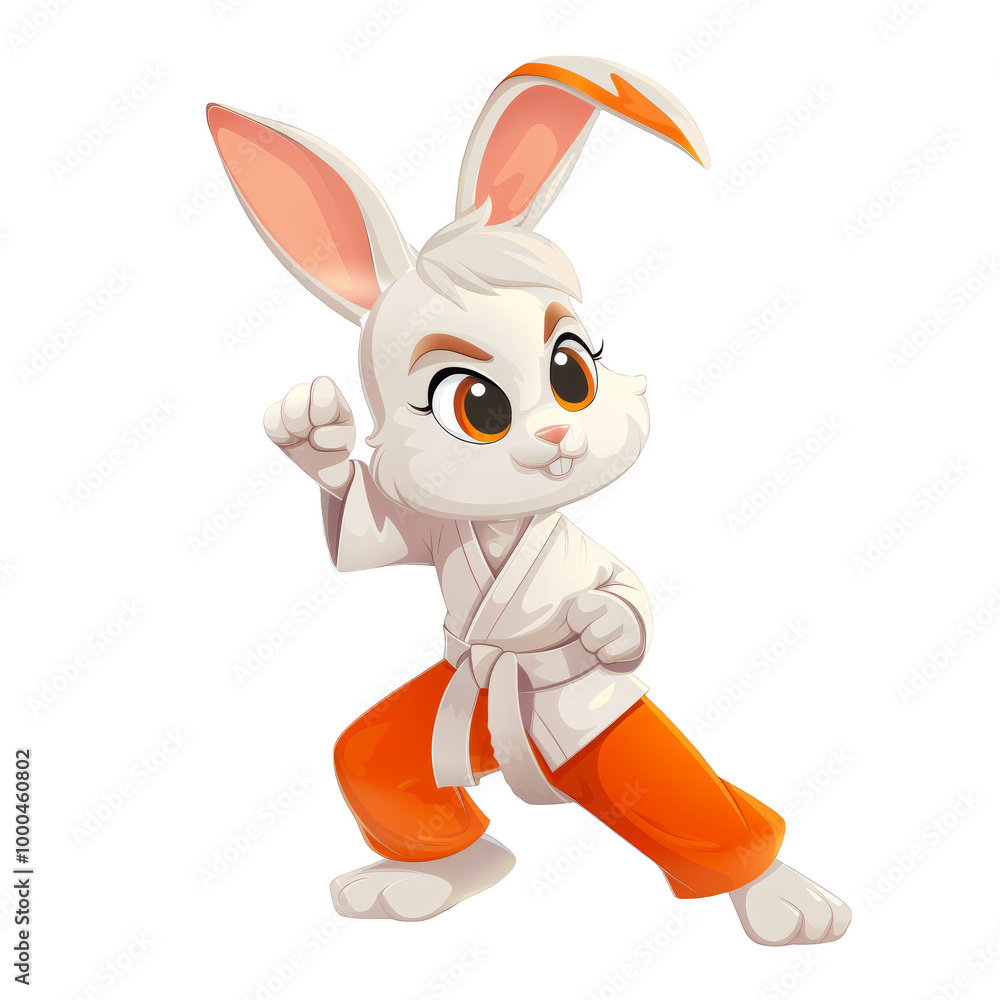 A cute white bunny rabbit wearing a karate uniform in a fighting stance. A cute white bunny rabbit wearing a karate uniform in a fighting stance.