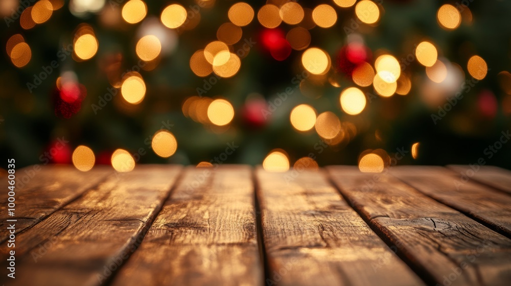 A close-up view of a rustic wooden table adorned with twinkling Christmas lights and a softly lit festive tree in the background A close-up view of a rustic wooden table adorned with twinkling Christmas lights and a softly lit festive tree in the background