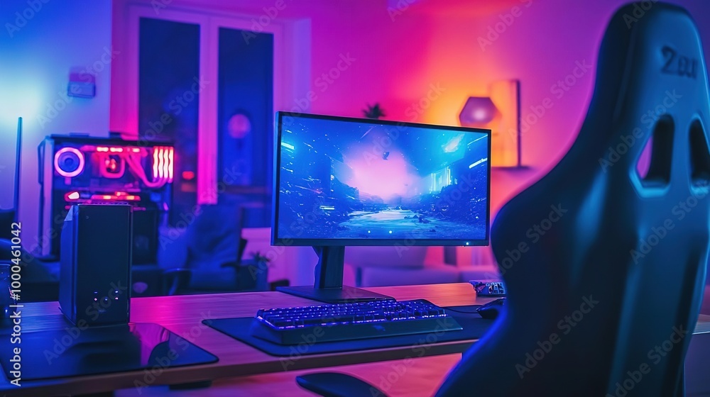 A modern gaming setup featuring a vibrant monitor, gaming chair, and illuminated accessories, ideal for gamers and tech enthusiasts. A modern gaming setup featuring a vibrant monitor, gaming chair, and illuminated accessories, ideal for gamers and tech enthusiasts.