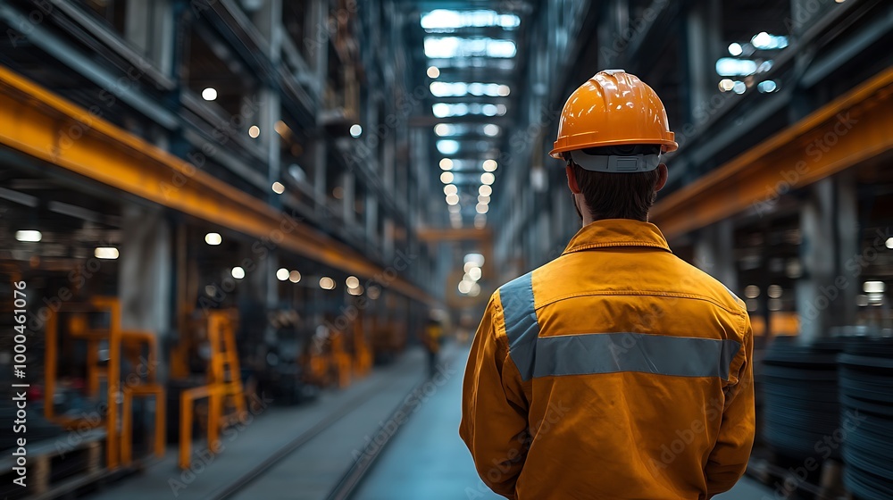 Industrial worker in hardhat and safety vest in factory Industrial worker in hardhat and safety vest in factory
