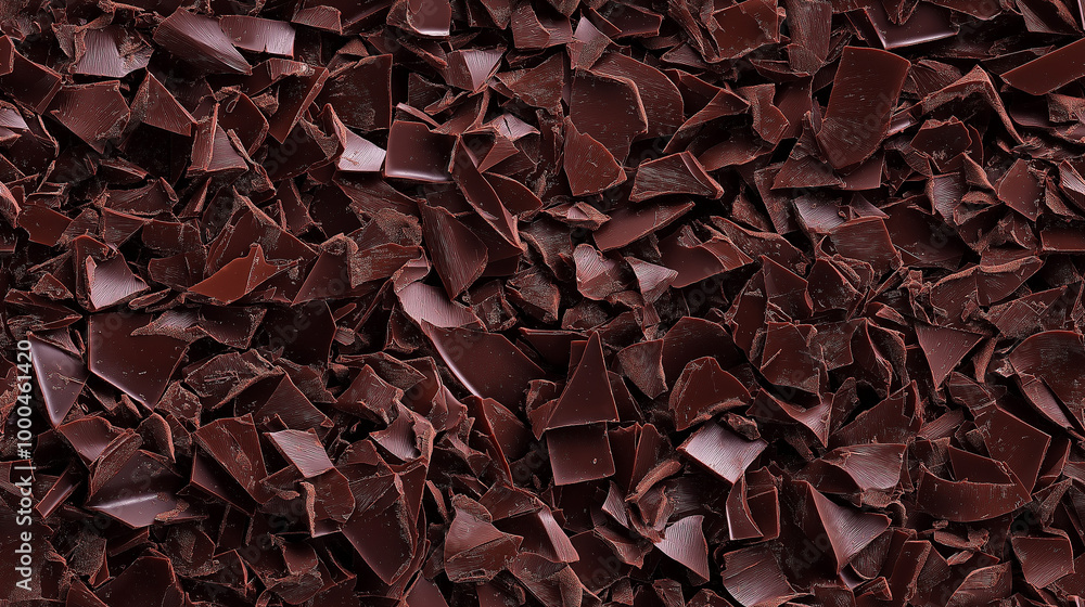 a close-up, top-down view of shredded dark chocolate spread across the entire frame, filling the image with its rich brown color and smooth texture in irregular pieces a close-up, top-down view of shredded dark chocolate spread across the entire frame, filling the image with its rich brown color and smooth texture in irregular pieces