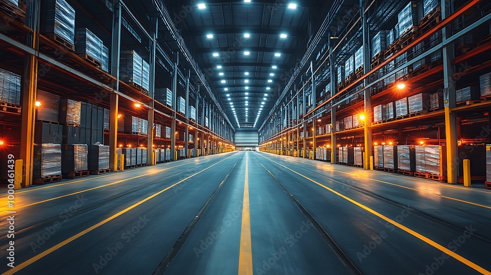 Fototapeta premium Empty Warehouse Interior with Bright Lights and Yellow Lines on the Floor