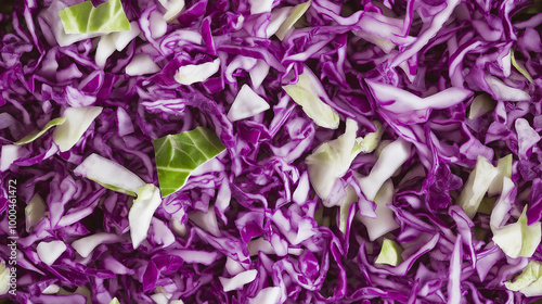 a close-up, top-down view of shredded cabbage spread across the entire frame, filling the image with its vibrant green and purple hues in fine shreds