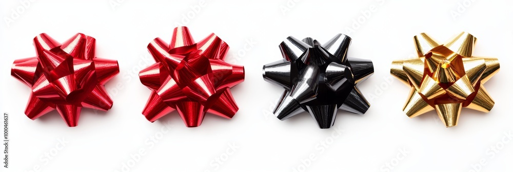 Colorful Christmas gift bows in red, silver, gold, and black arranged neatly on a white background Colorful Christmas gift bows in red, silver, gold, and black arranged neatly on a white background