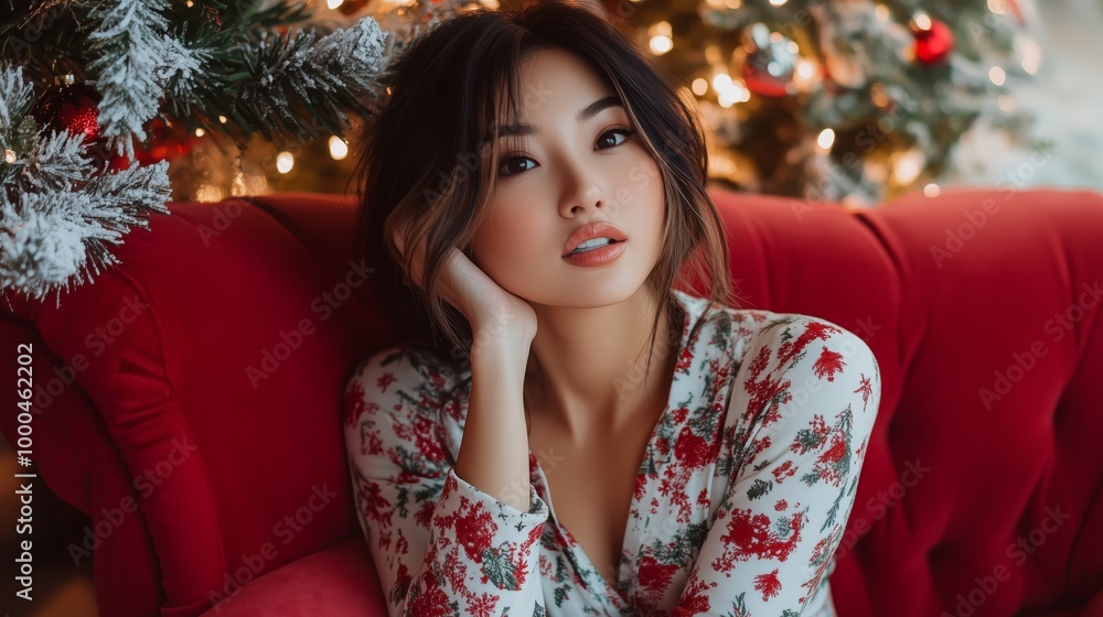 beautiful Asian woman in a fair isle Christmas themed pyjamas posing on a red couch, Christmas tree in the background beautiful Asian woman in a fair isle Christmas themed pyjamas posing on a red couch, Christmas tree in the background