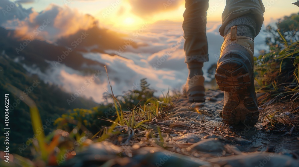 walking feet of a backpacker on the misty morning sunrise view of mountains pass of Fansipan natural road of north Vietnam. walking feet of a backpacker on the misty morning sunrise view of mountains pass of Fansipan natural road of north Vietnam.