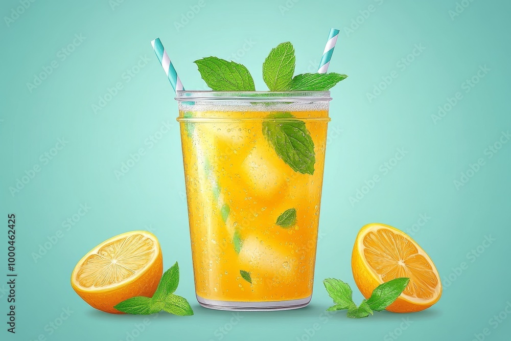 Fototapeta premium Lemonade with ice and mint leaves in a clear glass set against a light blue background emphasizing freshness simplicity and vibrant summer tones