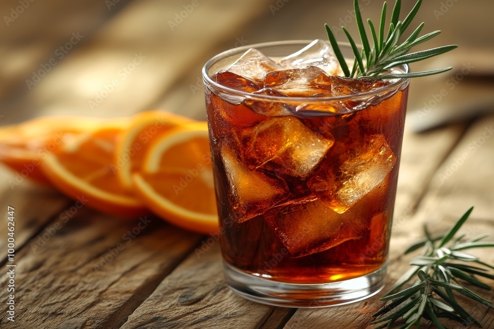 Classic whiskey on the rocks with a sprig of rosemary and orange slices placed on a rustic wooden surface capturing a timeless and earthy aesthetic Classic whiskey on the rocks with a sprig of rosemary and orange slices placed on a rustic wooden surface capturing a timeless and earthy aesthetic