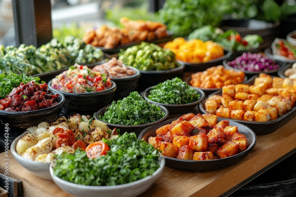 Variety of culinary delights. Teasty food in a salad bar at a restaurant. Selective focus Variety of culinary delights. Teasty food in a salad bar at a restaurant. Selective focus