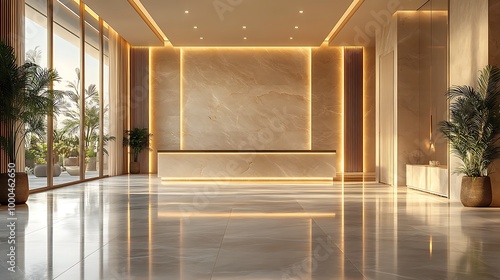 Luxury Lobby Interior Design with Golden Lighting and Modern Reception Desk