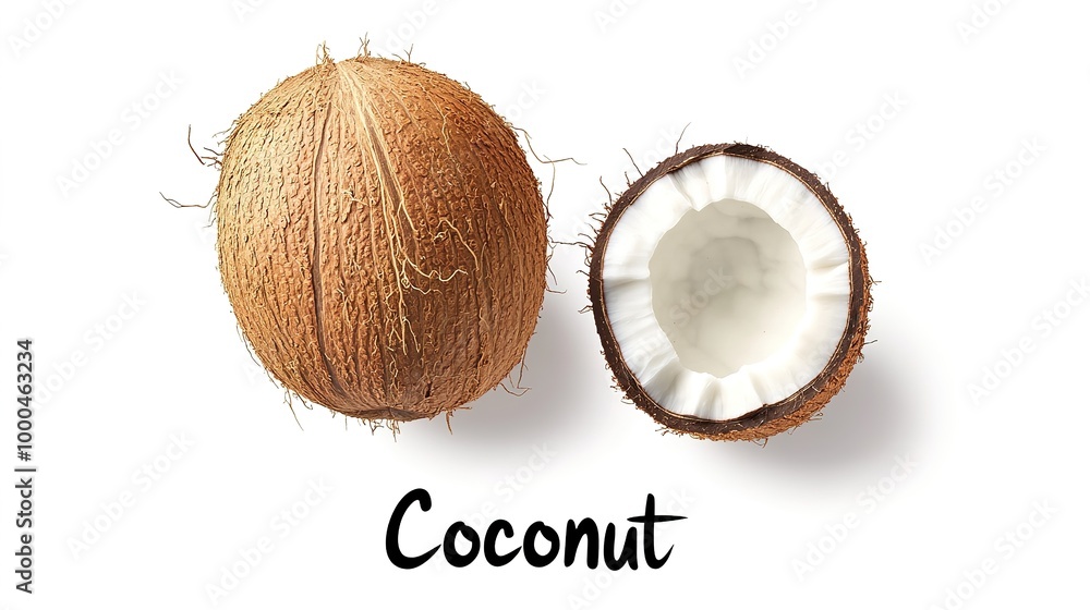 Flashcard Featuring Whole and Split Coconut with Bold Label Flashcard Featuring Whole and Split Coconut with Bold Label