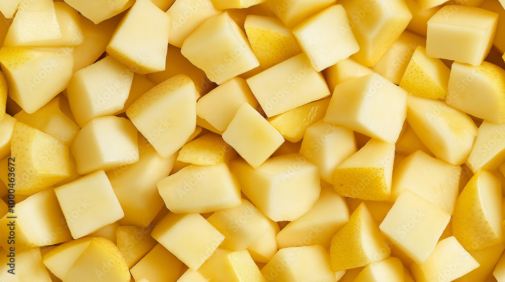 a close-up, top-down view of diced pears spread across the entire frame, filling the image with their pale yellow color and smooth texture in uniform cubes a close-up, top-down view of diced pears spread across the entire frame, filling the image with their pale yellow color and smooth texture in uniform cubes
