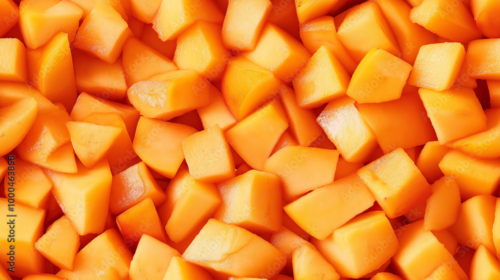 a close-up, top-down view of diced peaches spread across the entire frame, filling the image with their soft orange-yellow color and juicy texture in uniform cubes a close-up, top-down view of diced peaches spread across the entire frame, filling the image with their soft orange-yellow color and juicy texture in uniform cubes