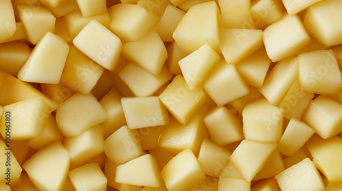 a close-up, top-down view of diced pears spread across the entire frame, filling the image with their pale yellow color and smooth texture in uniform cubes