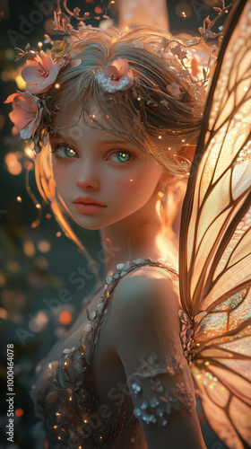 Magical fairy in a shimmering dress amidst enchanted light.