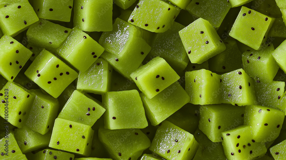 a close-up, top-down view of diced kiwi spread across the entire frame, filling the image with their vibrant green color and speckled texture in uniform cubes a close-up, top-down view of diced kiwi spread across the entire frame, filling the image with their vibrant green color and speckled texture in uniform cubes