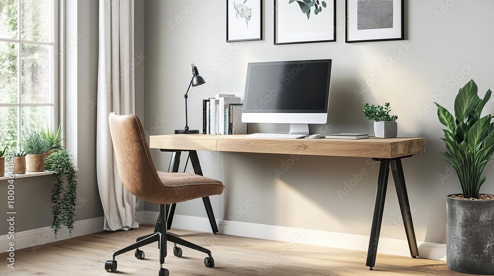 Bright and modern home office with wooden desk, computer, chair, and plants, perfect for productivity and creativity. Bright and modern home office with wooden desk, computer, chair, and plants, perfect for productivity and creativity.