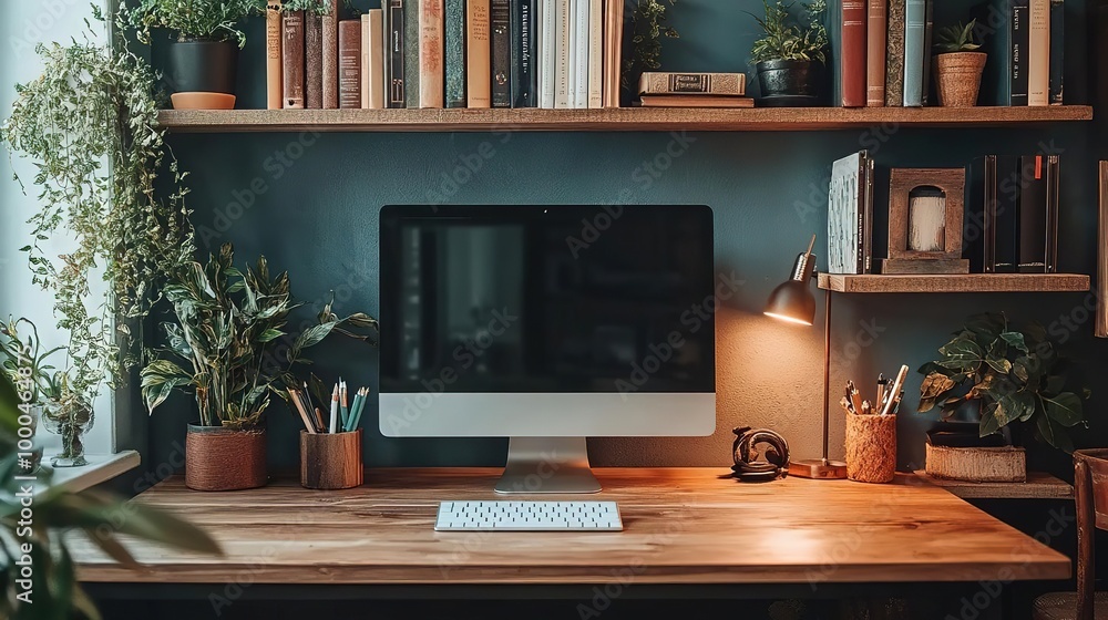 A cozy workspace featuring a modern monitor, lush plants, and shelves filled with books, creating a perfect environment for productivity. A cozy workspace featuring a modern monitor, lush plants, and shelves filled with books, creating a perfect environment for productivity.